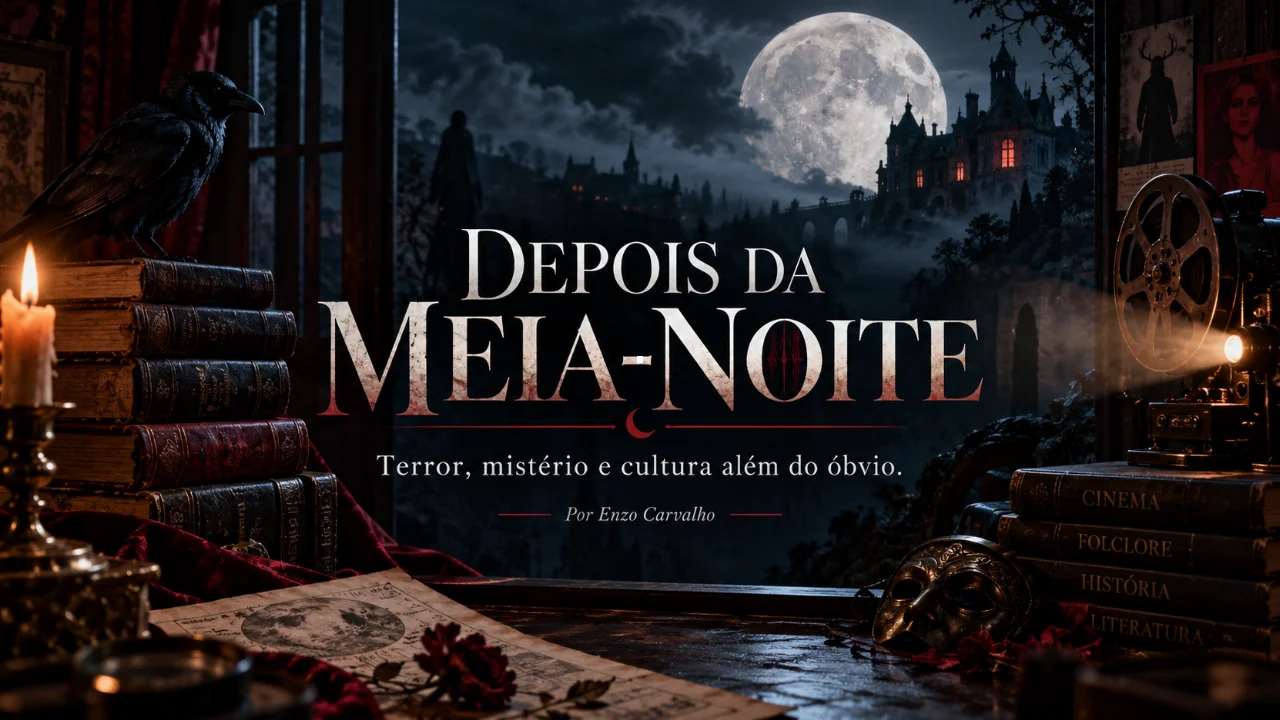 Identidade visual da coluna Depois da Meia-Noite, de Enzo Carvalho, com lua cheia, castelo sombrio, livros antigos, corvo e projetor de cinema em uma atmosfera de terror e mistério.