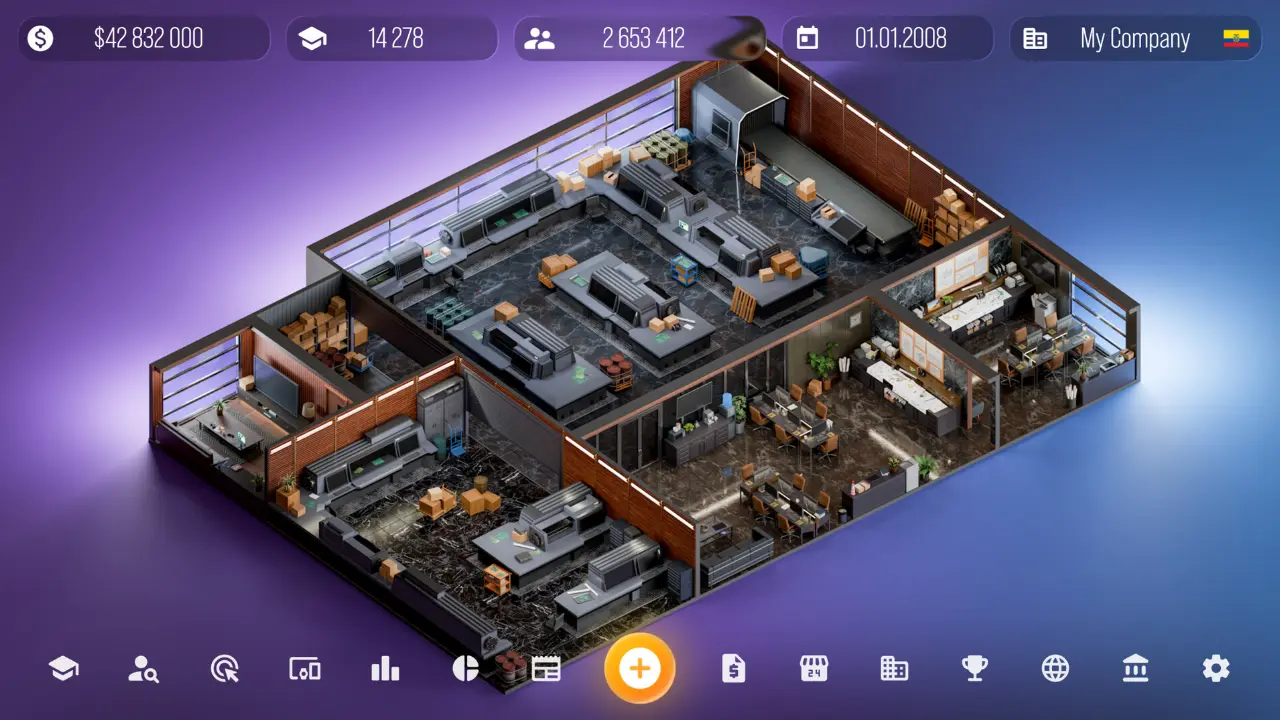 Interface do jogo Devices Tycoon com recursos de criação e personalização de equipamentos eletrônicos. Interface do jogo Devices Tycoon com recursos de criação e personalização de equipamentos eletrônicos.