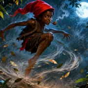 Ilustração do Saci-Pererê com gorro vermelho e cachimbo, saltando em um redemoinho de folhas numa floresta iluminada pela lua.