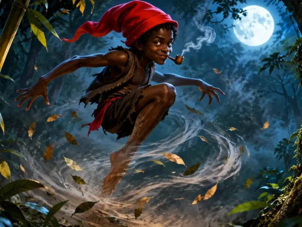 Ilustração do Saci-Pererê com gorro vermelho e cachimbo, saltando em um redemoinho de folhas numa floresta iluminada pela lua.