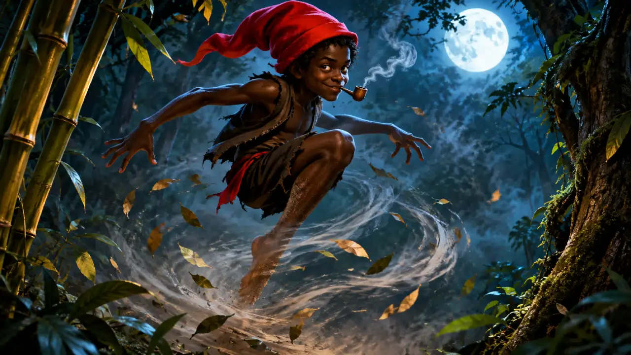 Ilustração do Saci-Pererê com gorro vermelho e cachimbo, saltando em um redemoinho de folhas numa floresta iluminada pela lua.