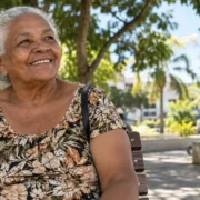 Mulher idosa sorridente sentada em banco de praça ao ar livre