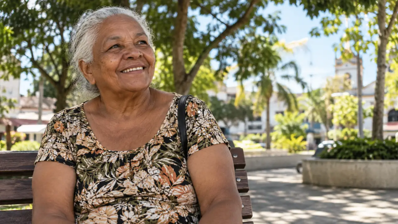 Mulher idosa sorridente sentada em banco de praça ao ar livre