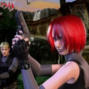 Cena de Dino Crisis 2 com personagem enfrentando dinossauros no clássico de ação da Capcom.