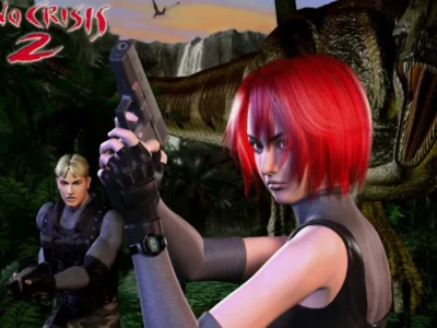 Cena de Dino Crisis 2 com personagem enfrentando dinossauros no clássico de ação da Capcom.