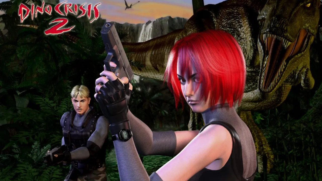 Cena de Dino Crisis 2 com personagem enfrentando dinossauros no clássico de ação da Capcom.