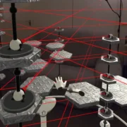 Duas mãos virtuais controladas por rastreamento em um cenário de plataformas do jogo Disembodied.