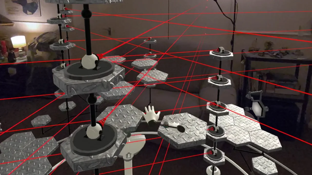 Duas mãos virtuais controladas por rastreamento em um cenário de plataformas do jogo Disembodied.