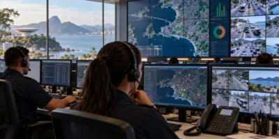 Analistas com fones de ouvido trabalham em central de monitoramento de segurança, com telas exibindo mapas de Niterói e imagens de câmeras.