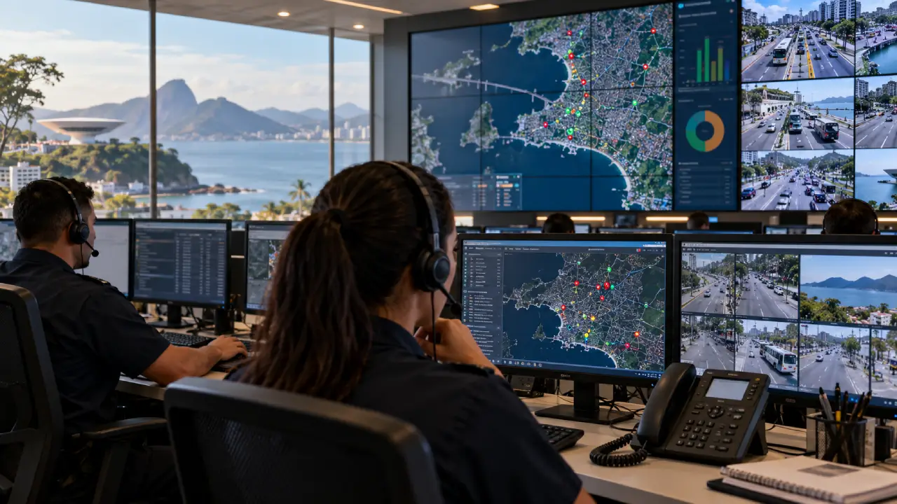 Analistas com fones de ouvido trabalham em central de monitoramento de segurança, com telas exibindo mapas de Niterói e imagens de câmeras. Analistas com fones de ouvido trabalham em central de monitoramento de segurança, com telas exibindo mapas de Niterói e imagens de câmeras.
