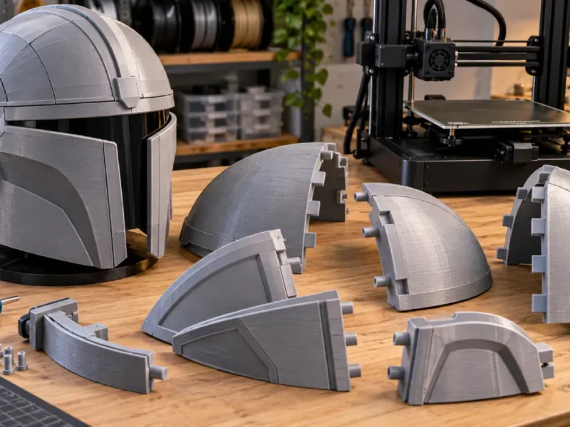 Capacete dividido em várias peças para impressão 3D sobre bancada de oficina