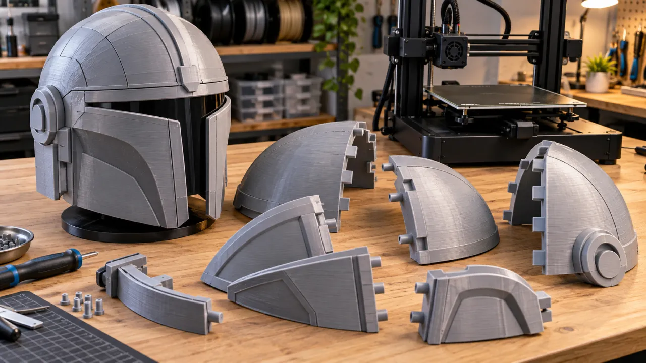 Capacete dividido em várias peças para impressão 3D sobre bancada de oficina