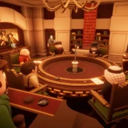 Personagens participam de leilão no jogo Double Dealers, disputa de estratégia e blefes para até seis jogadores.