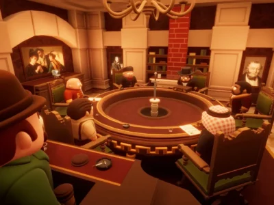 Personagens participam de leilão no jogo Double Dealers, disputa de estratégia e blefes para até seis jogadores.