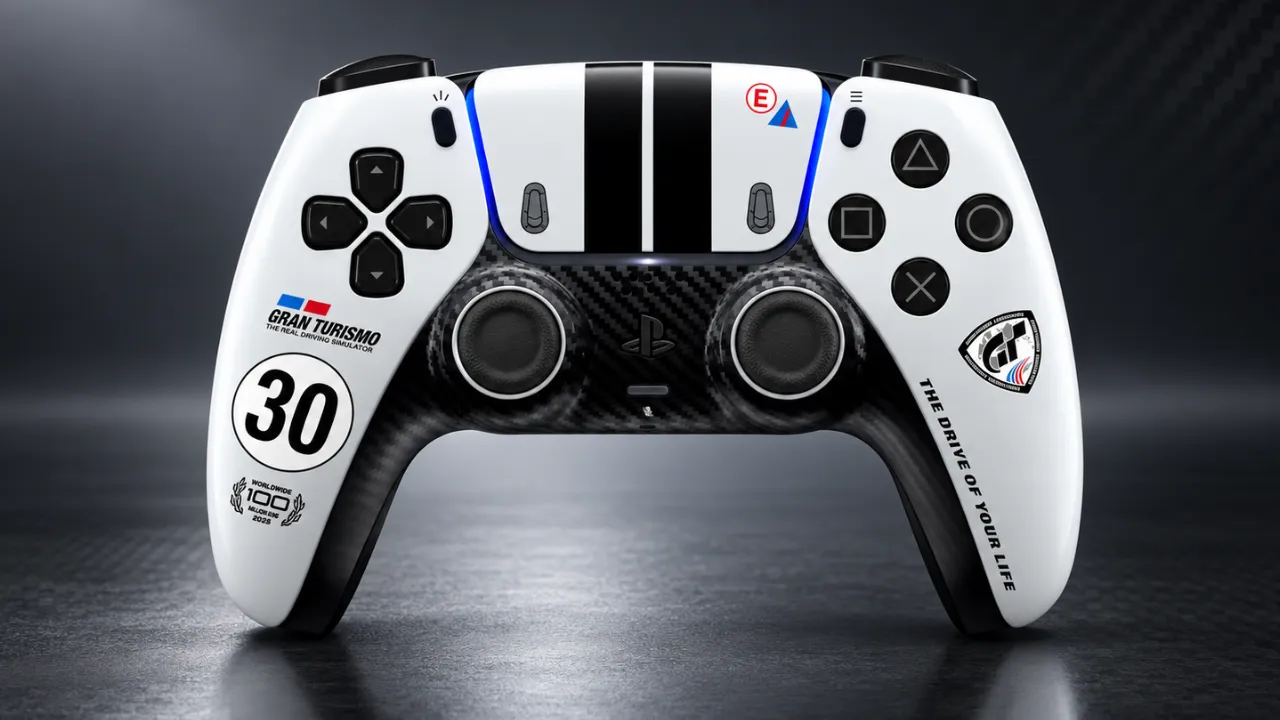 Controle DualSense de edição limitada Gran Turismo, com acabamento branco e detalhes inspirados em fibra de carbono.