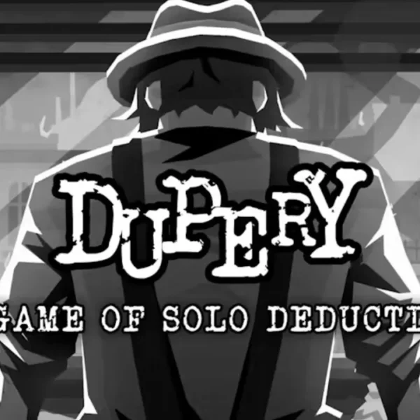 Personagens suspeitos e interface de investigação de Dupery: A Game of Solo Deduction, jogo de detetive com ambientação noir.