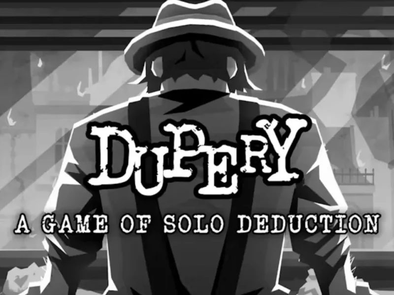 Personagens suspeitos e interface de investigação de Dupery: A Game of Solo Deduction, jogo de detetive com ambientação noir.