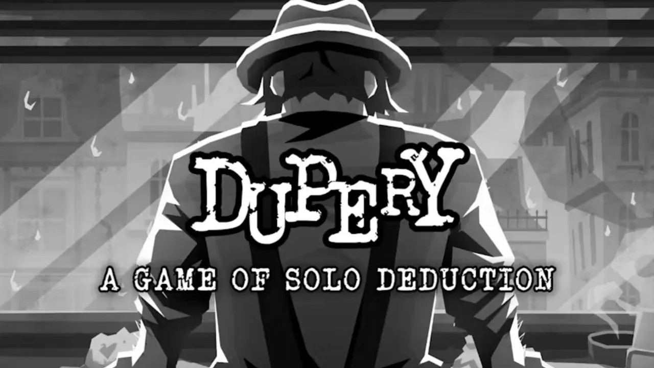 Personagens suspeitos e interface de investigação de Dupery: A Game of Solo Deduction, jogo de detetive com ambientação noir.