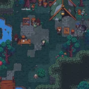 Cena de Emberville mostra personagens em um acampamento cercado por árvores, com tenda, bancada de trabalho, equipamentos e um rio.