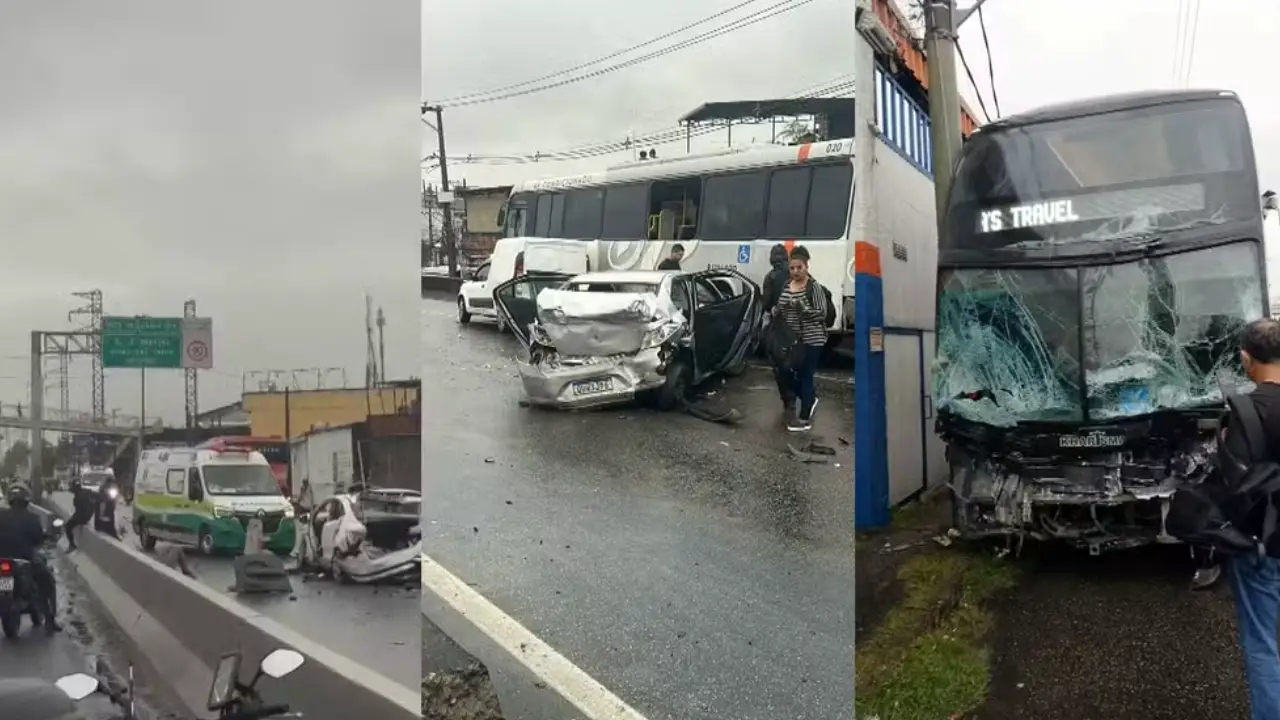 Montagem mostra ambulância, automóvel destruído e ônibus com a frente danificada após engavetamento na Rodovia Presidente Dutra, em São João de Meriti.