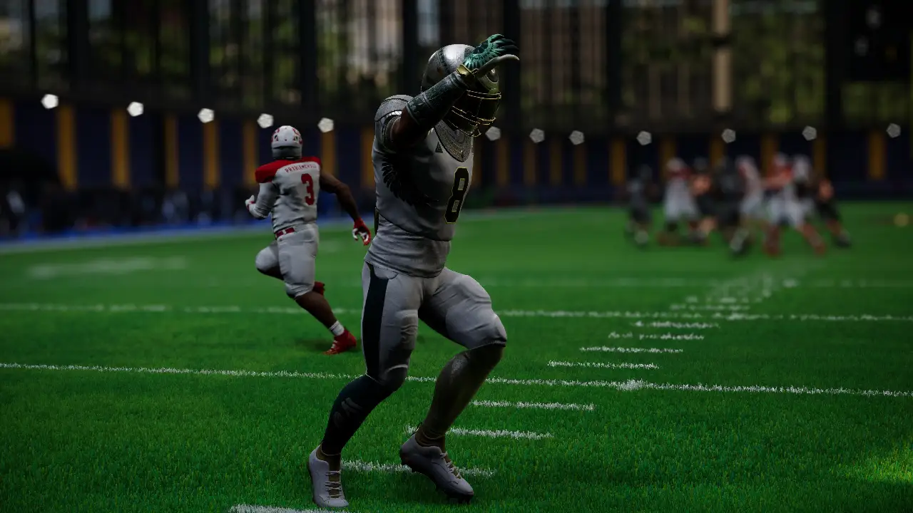 Partida de futebol americano em ESG Football 27, jogo gratuito para Xbox Series X|S com multiplayer de até 22 jogadores.