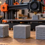 Três cubos de calibração impressos em 3D mostram excesso de filamento, extrusão correta e falta de material, diante de uma impressora 3D.