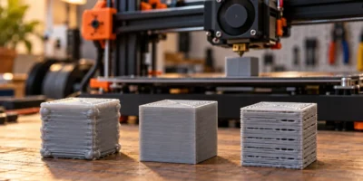Três cubos de calibração impressos em 3D mostram excesso de filamento, extrusão correta e falta de material, diante de uma impressora 3D.