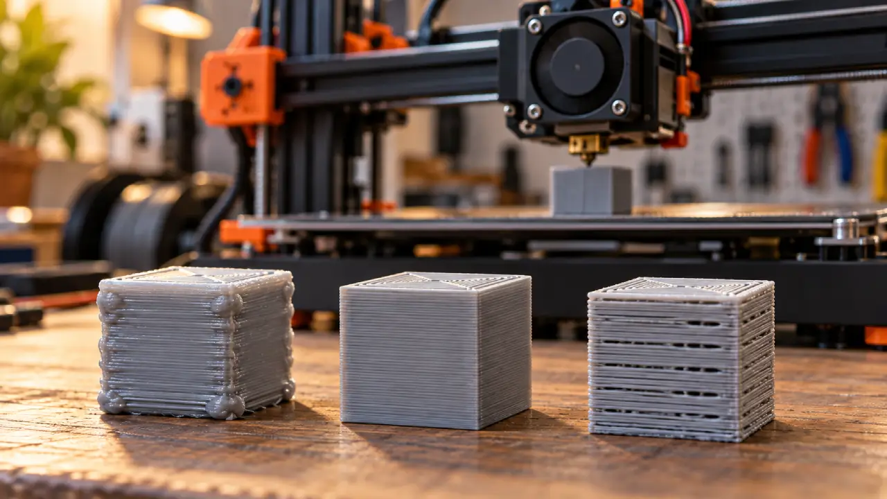 Três cubos de calibração impressos em 3D mostram excesso de filamento, extrusão correta e falta de material, diante de uma impressora 3D. Três cubos de calibração impressos em 3D mostram excesso de filamento, extrusão correta e falta de material, diante de uma impressora 3D.