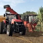 Trator e colheitadeira trabalham em plantação de cana-de-açúcar em Farming Simulator 25, em cenário rural inspirado no Brasil.