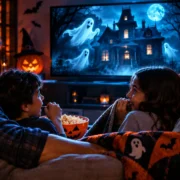 Família com dois adultos e duas crianças assiste a um filme de Halloween, com uma mansão assombrada e fantasmas na televisão.