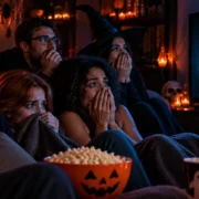 Cinco amigos assustados assistem a um filme de terror no Halloween, enquanto uma figura fantasmagórica aparece na televisão.