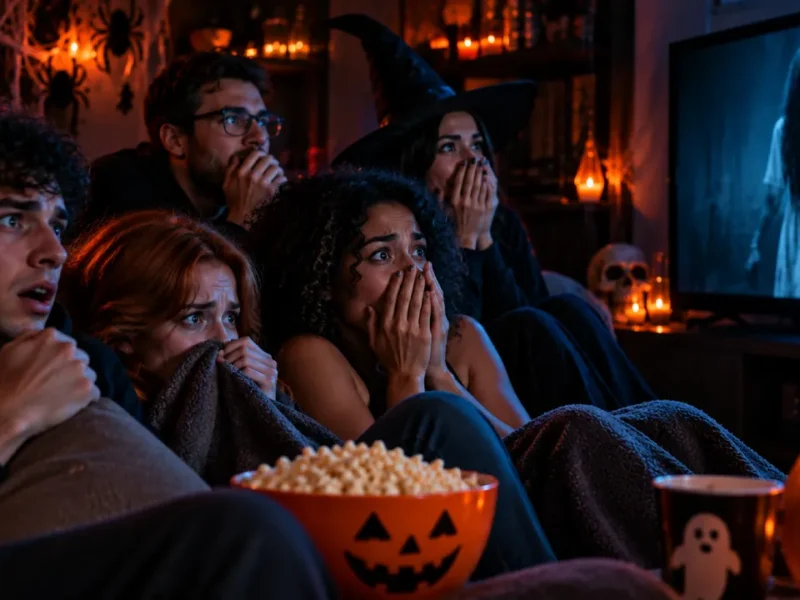 Cinco amigos assustados assistem a um filme de terror no Halloween, enquanto uma figura fantasmagórica aparece na televisão.