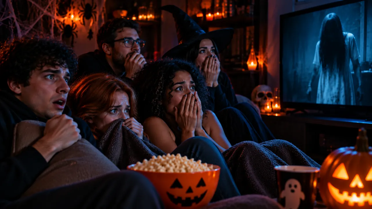 Cinco amigos assustados assistem a um filme de terror no Halloween, enquanto uma figura fantasmagórica aparece na televisão.