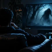 Homem assiste sozinho a um filme de terror na televisão, com uma criatura assustadora na tela e uma abóbora de Halloween iluminada ao fundo.