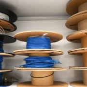 Bobinas de filamentos azuis e brancos para impressão 3D, organizadas em uma prateleira ao lado de carretéis vazios de papelão.
