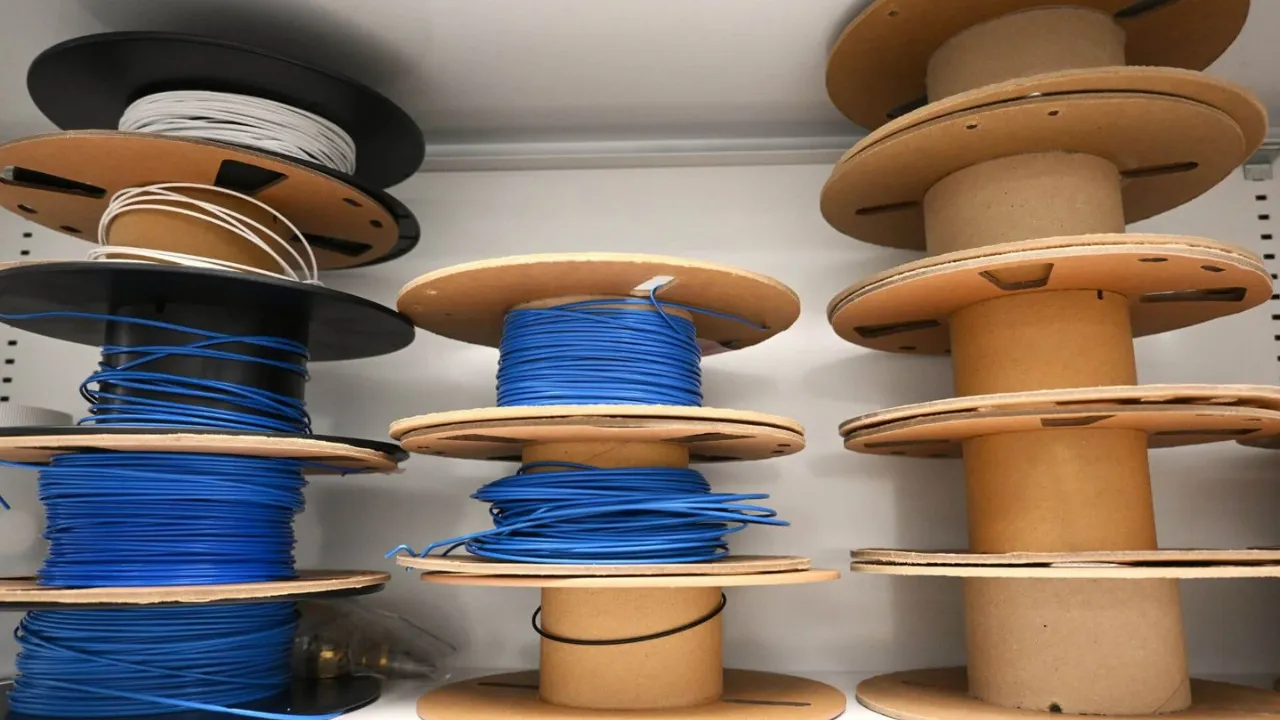 Bobinas de filamentos azuis e brancos para impressão 3D, organizadas em uma prateleira ao lado de carretéis vazios de papelão. Bobinas de filamentos azuis e brancos para impressão 3D, organizadas em uma prateleira ao lado de carretéis vazios de papelão.