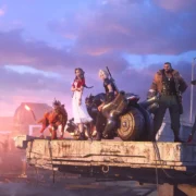 Cloud Strife, Aerith, Barret e Red XIII aparecem reunidos diante da cidade de Midgar em Final Fantasy VII Remake Intergrade.