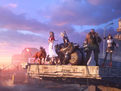 Cloud Strife, Aerith, Barret e Red XIII aparecem reunidos diante da cidade de Midgar em Final Fantasy VII Remake Intergrade.