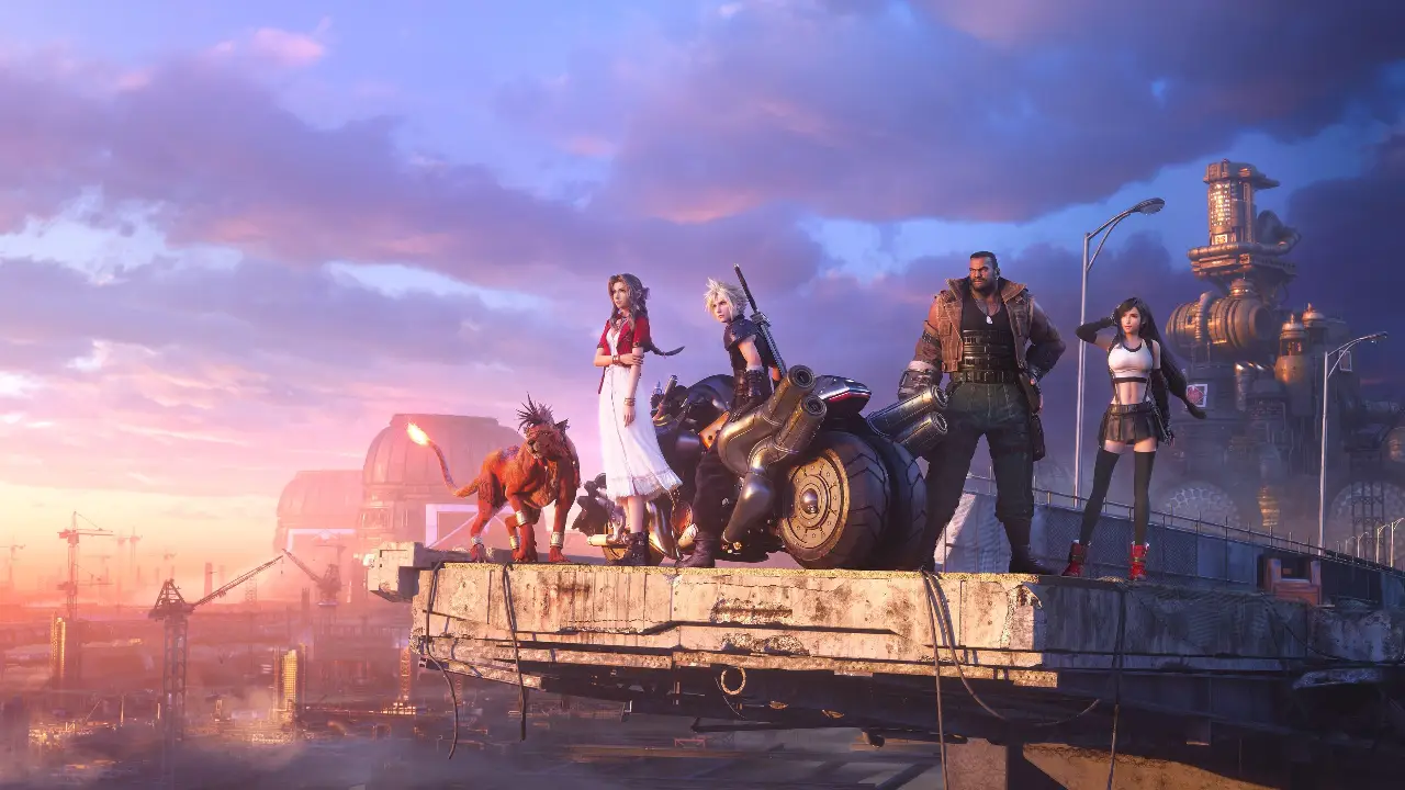 Cloud Strife, Aerith, Barret e Red XIII aparecem reunidos diante da cidade de Midgar em Final Fantasy VII Remake Intergrade.