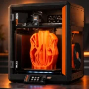 Impressora 3D Prusa CORE One produz peça geométrica laranja em oficina tecnológica com iluminação quente.