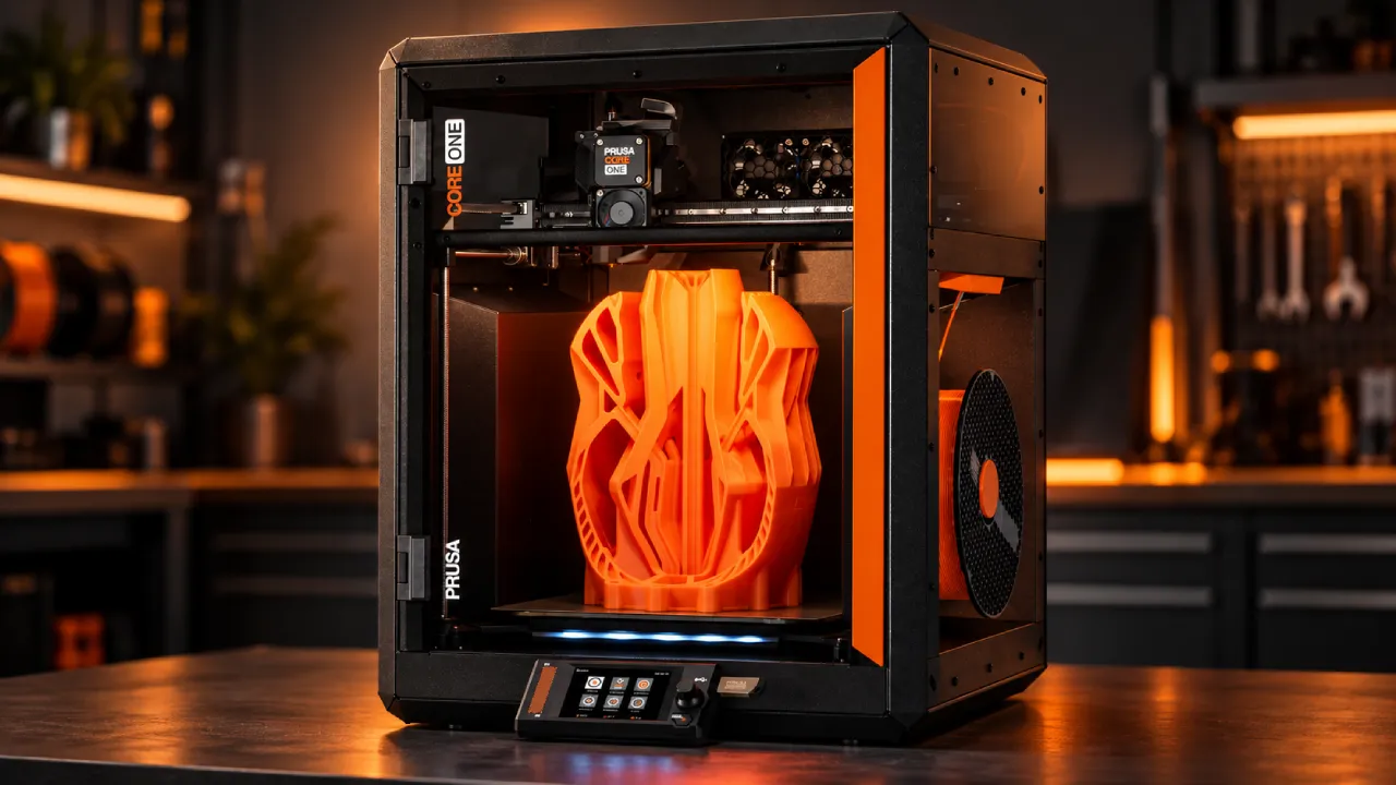 Impressora 3D Prusa CORE One produz peça geométrica laranja em oficina tecnológica com iluminação quente.