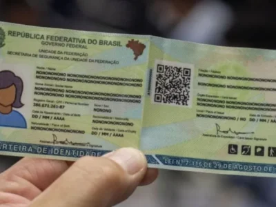 Mão segura modelo ilustrativo de carteira de identidade brasileira, com QR Code, fotografia representativa e dados pessoais fictícios.