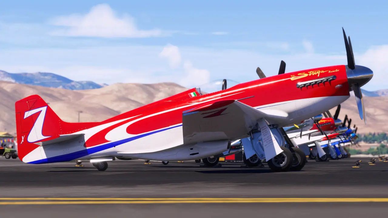 Aviões de corrida sobrevoam circuito de baixa altitude em Microsoft Flight Simulator 2024 durante o National Championship Air Races.
