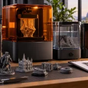 Impressora 3D de resina com tampa translúcida laranja, acompanhada de estação de lavagem, equipamento de cura, frascos de resina e miniaturas impressas.