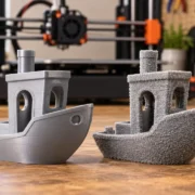 Dois barcos Benchy impressos em 3D mostram a diferença entre acabamento liso e textura Fuzzy Skin, com uma impressora 3D ao fundo.