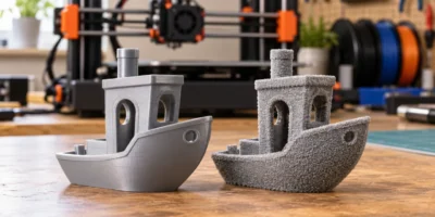 Dois barcos Benchy impressos em 3D mostram a diferença entre acabamento liso e textura Fuzzy Skin, com uma impressora 3D ao fundo.