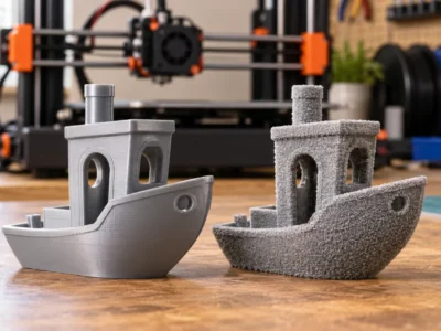 Dois barcos Benchy impressos em 3D mostram a diferença entre acabamento liso e textura Fuzzy Skin, com uma impressora 3D ao fundo.