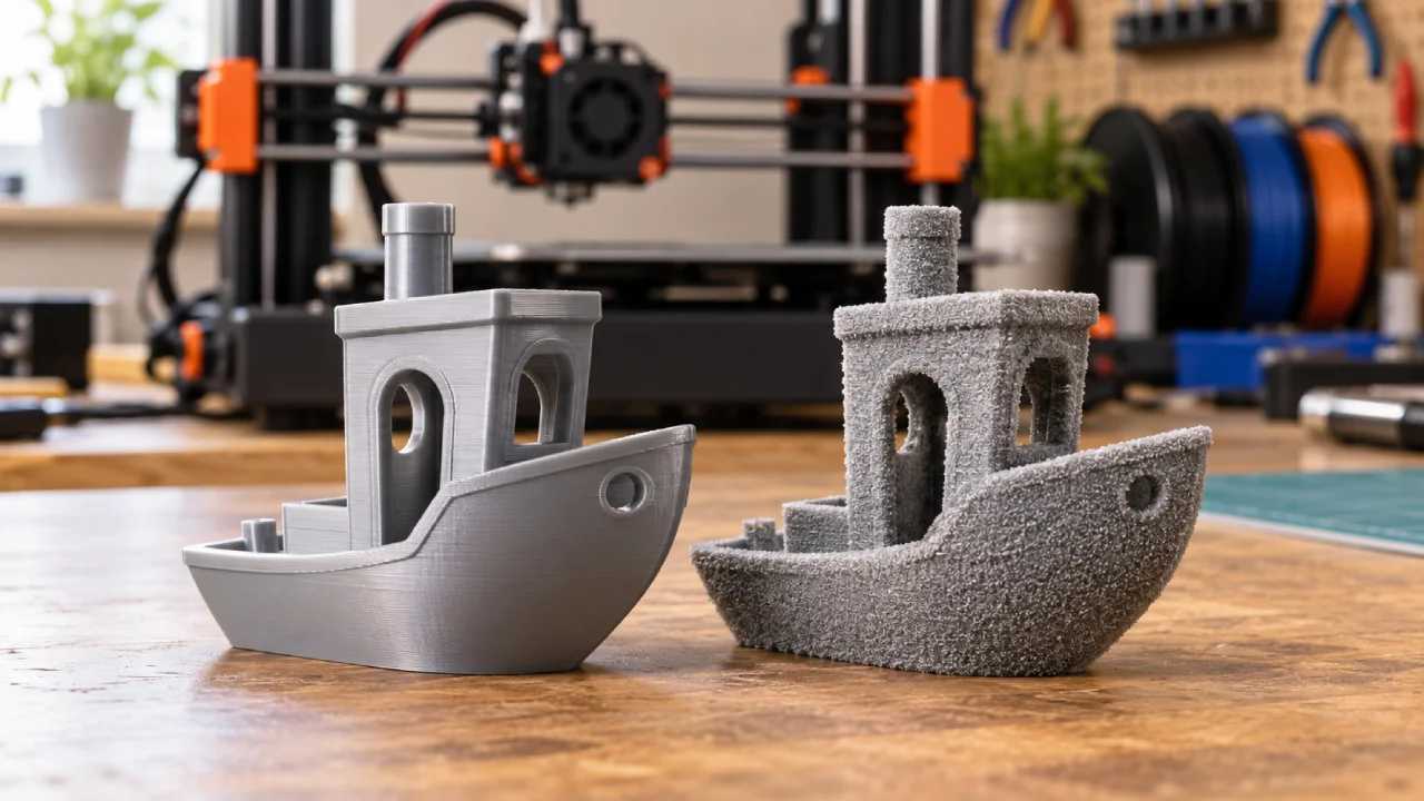 Dois barcos Benchy impressos em 3D mostram a diferença entre acabamento liso e textura Fuzzy Skin, com uma impressora 3D ao fundo.