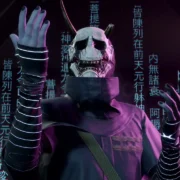 Cena do jogo Ghostwire: Tokyo em uma rua iluminada de Tóquio, com elementos sobrenaturais.
