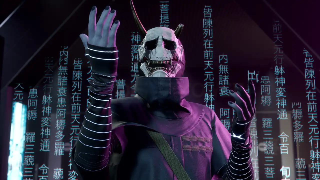 Cena do jogo Ghostwire: Tokyo em uma rua iluminada de Tóquio, com elementos sobrenaturais.